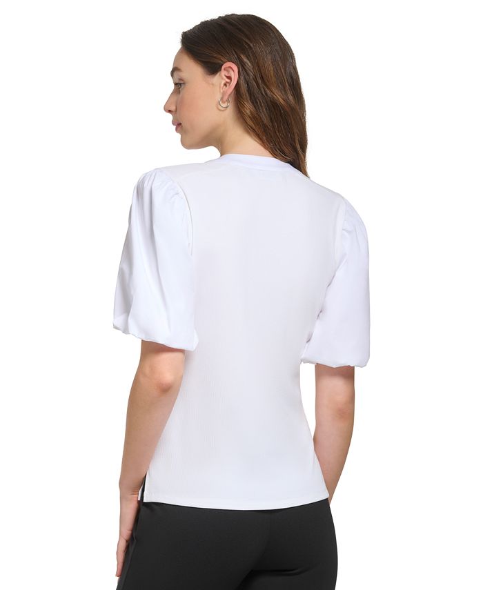 Women's Ribbed Contrast-Trim Puffed-Sleeve Top