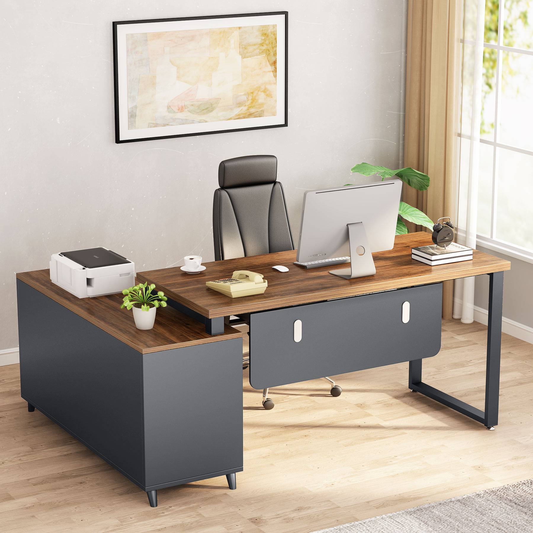 55 Inch L-Shaped Computer Executive Desk with 47 inch File Cabinet