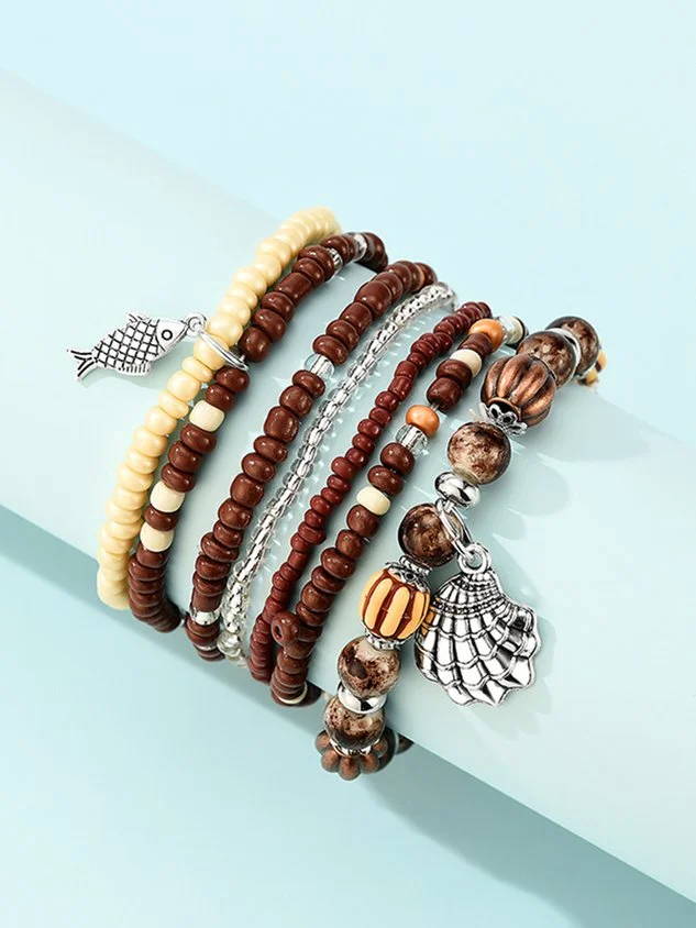 Bohemian Resort Style Shell Wood Multilayer Bracelet Set