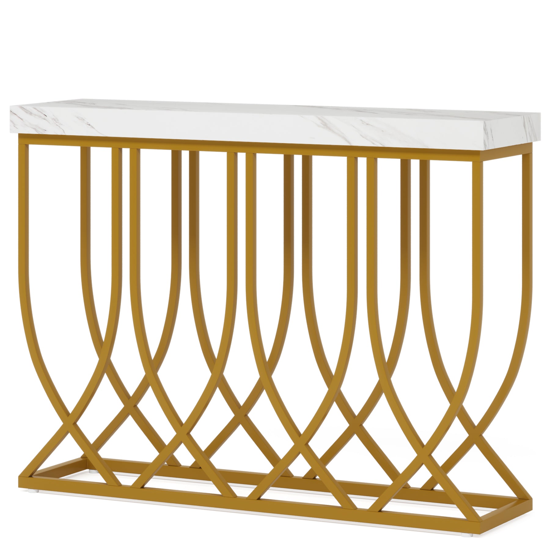 Faux Marble Console Table, 39.4” Sofa Table with Geometric Metal Legs