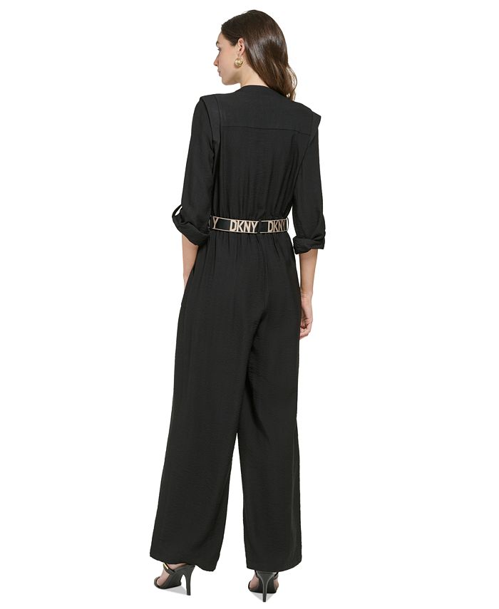 Women's Button-Front Logo-Belt Wide-Leg Jumpsuit