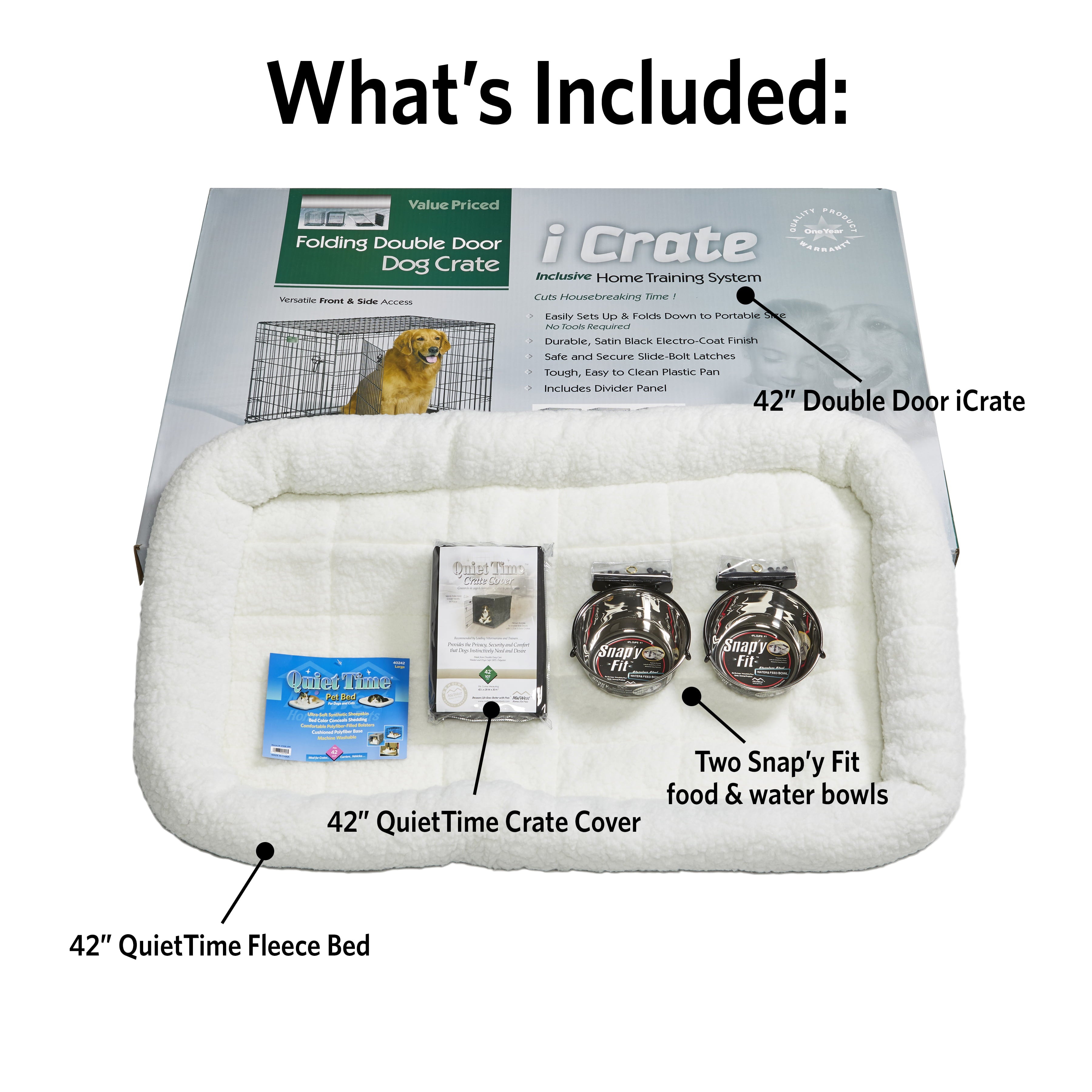 generic Dog Crate Starter Kit | 1 Double-Door iCrate， 1 Pet Bed， 1Crate Cover and 2 Pet Bowls， Large 42