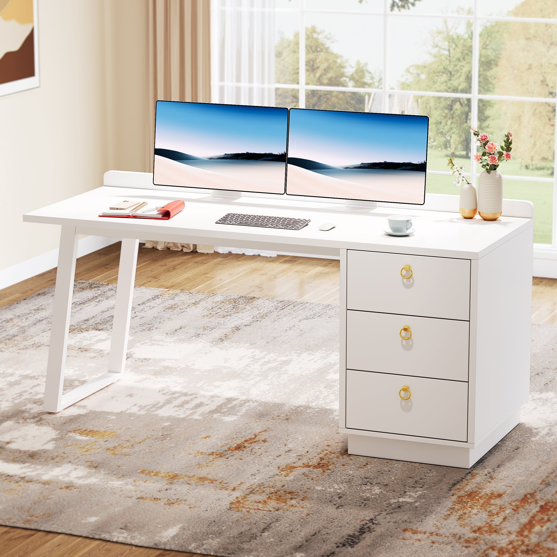 Wood Executive Desk,55 Inches Computer Desk with Storage Drawers