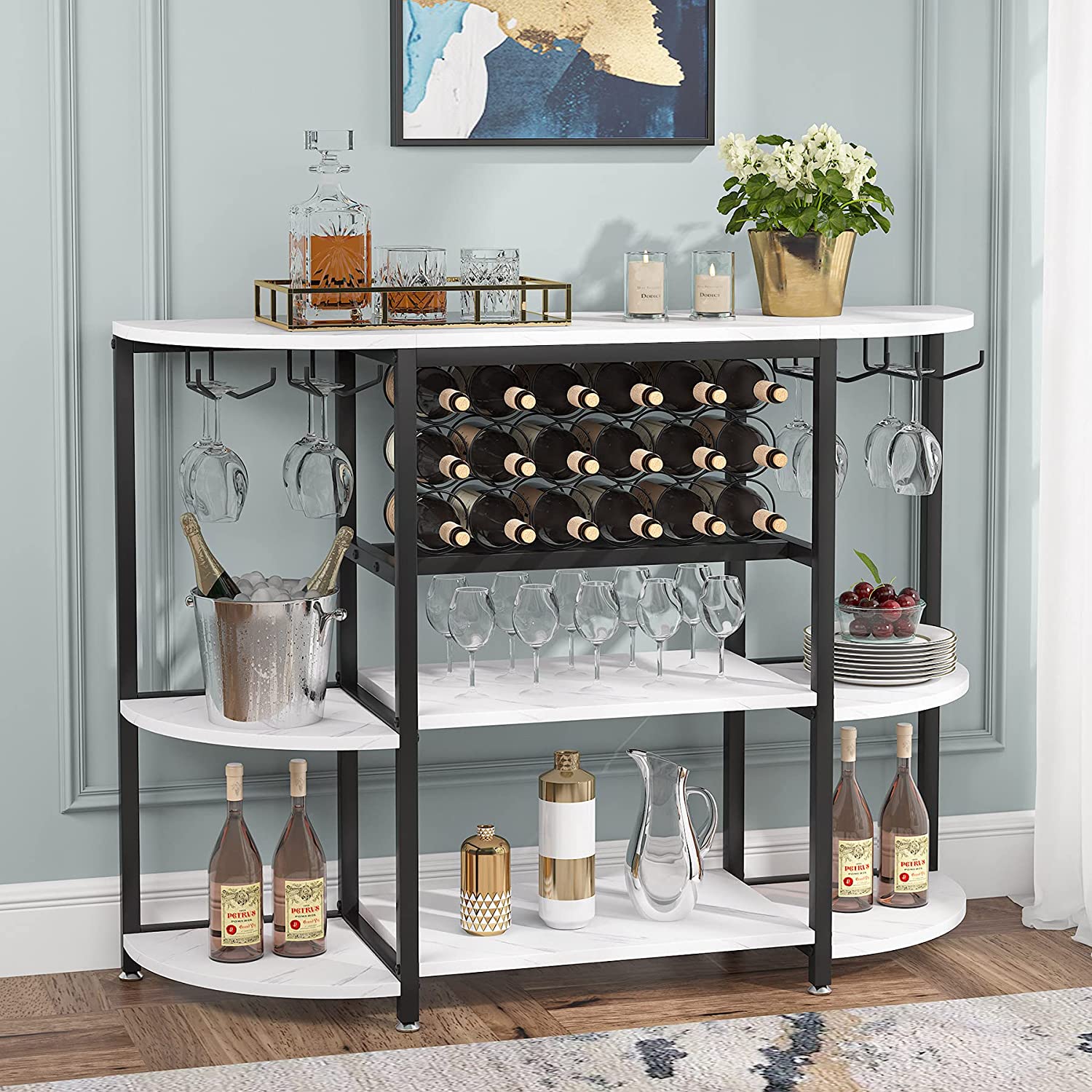 47 Inch Wine Rack, Freestanding Wine Bar Cabinet with Storage Shelves