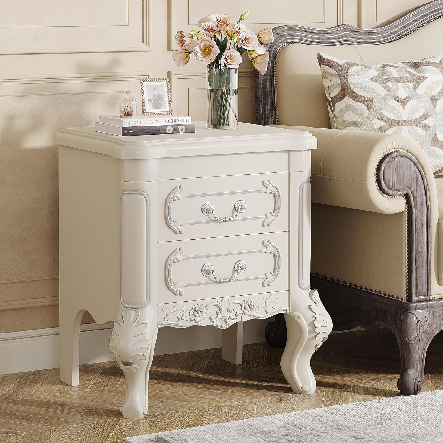 Carved Nightstand, White  Bedside Table End Table with 2 Drawers