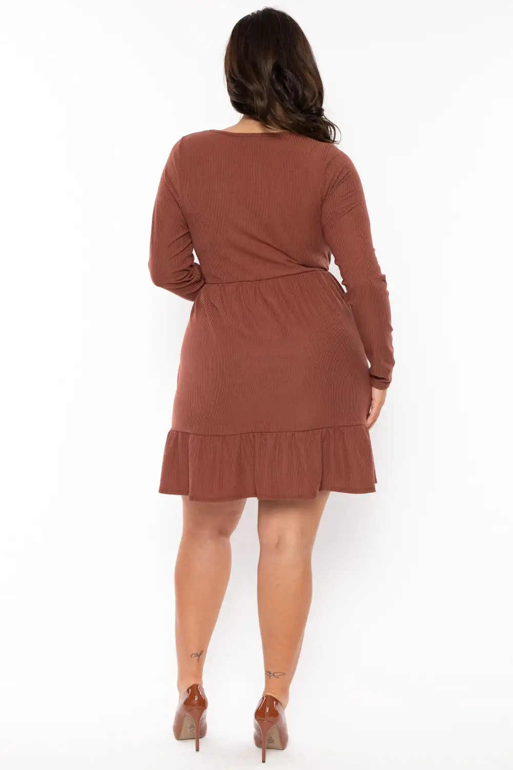 Plus Size Zuri Ribbed Flare Dress- Brown