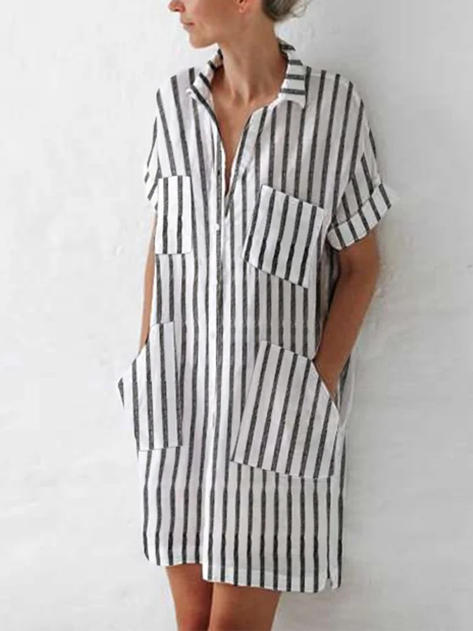 Women's Elegant Striped Cotton Shirt Dress