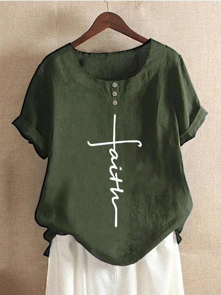 Ladies Cotton Linen Faith Print Casual Shirt