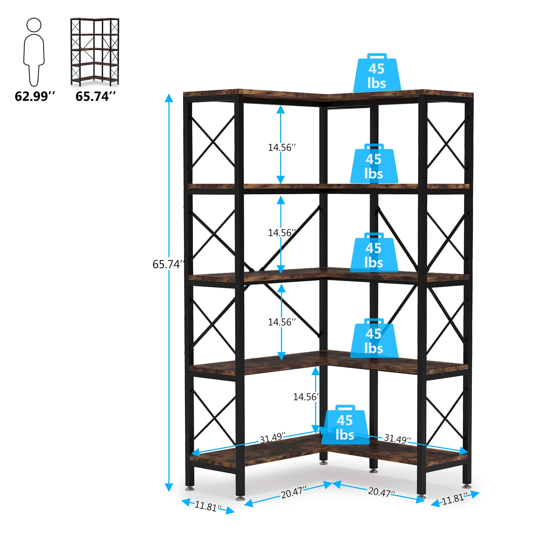 5-Shelf Corner Bookshelf, 65.7