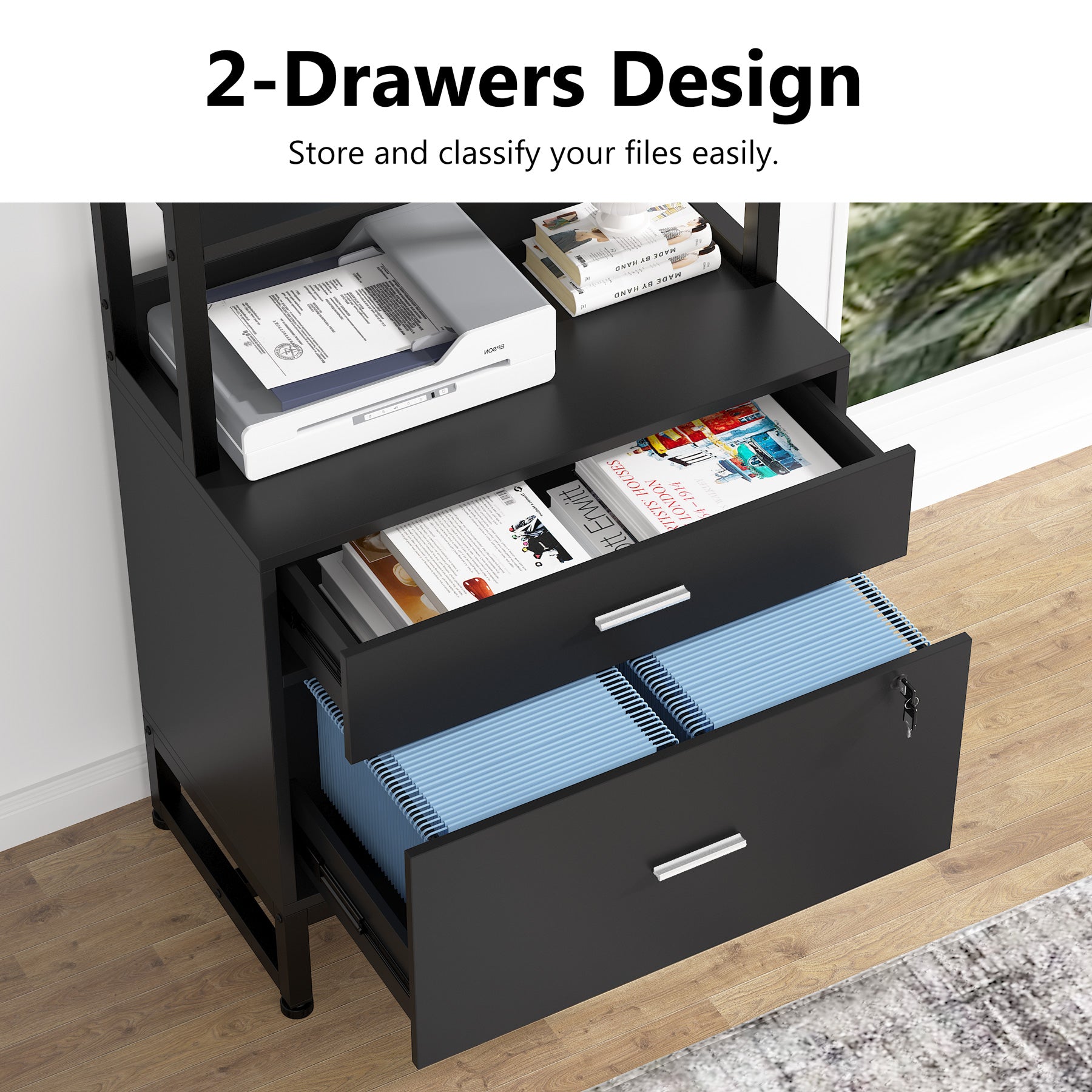 Vertical File Cabinet, 2 Drawers Filing Cabinet with Open Shelves