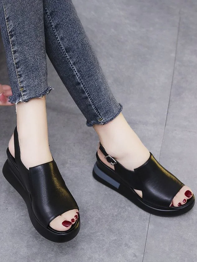 Comfortable Soft Leather Platform Wedge Fish Mouth Shoes