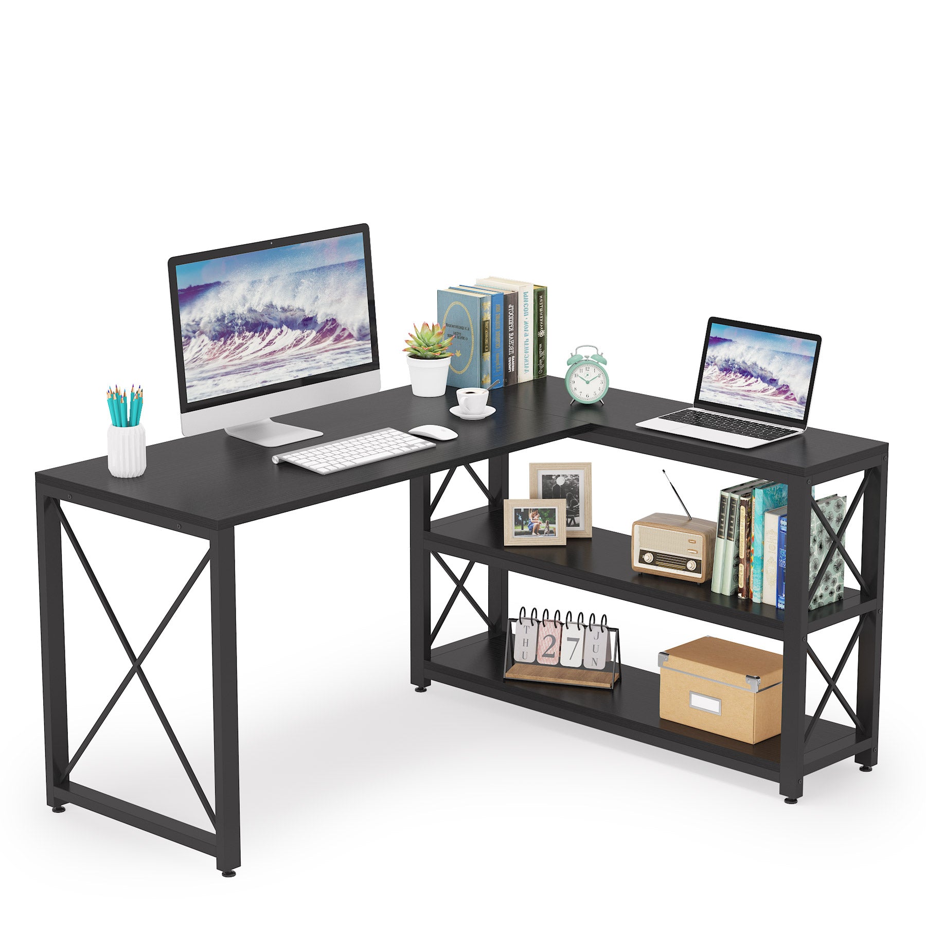 Reversible L-Shaped Desk, Corner Computer Desk with Shelves