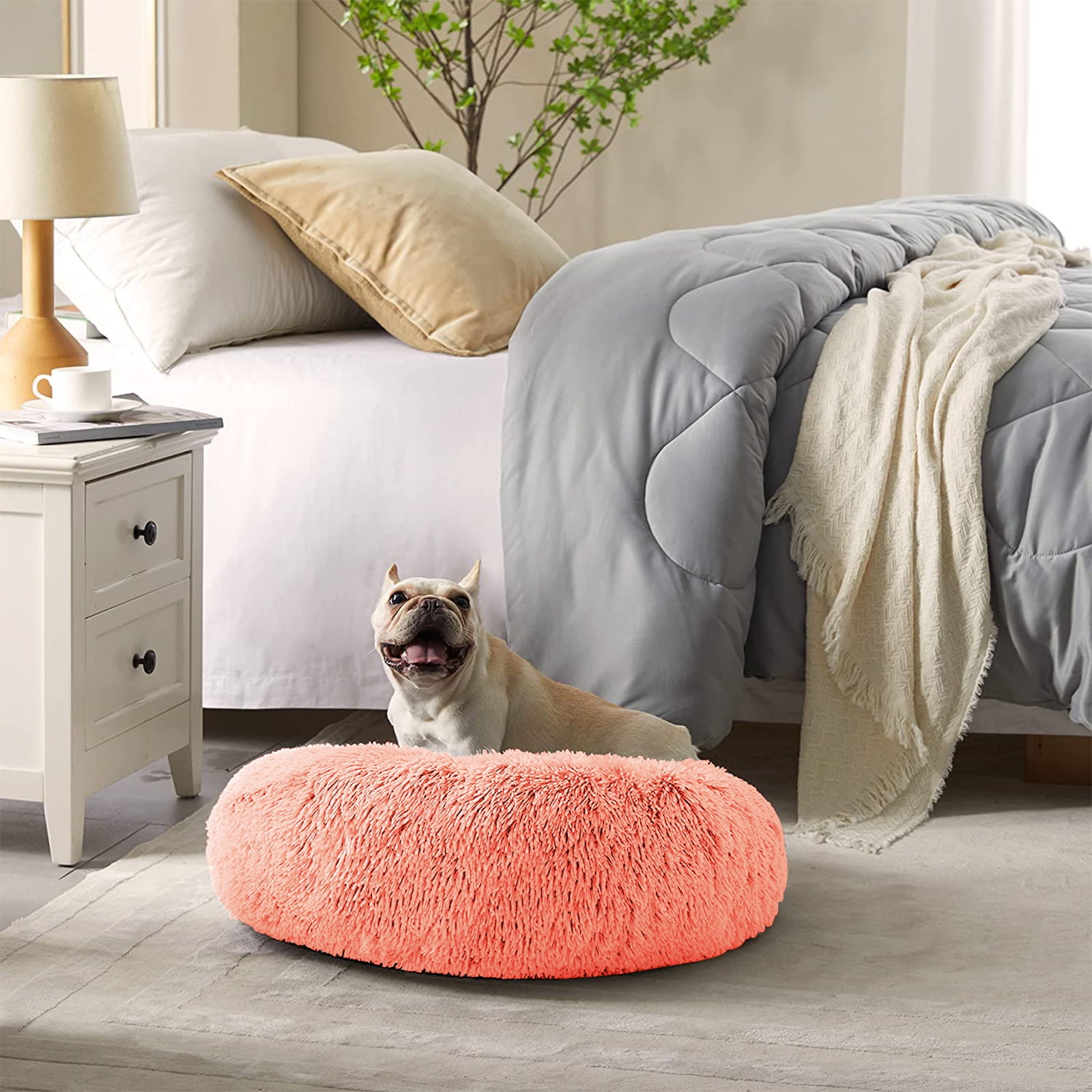 Nisrada Calming Donut Pet Bed for Dogs and Cats， 27 Inch Dog Bed for Large Dogs， Washable-Round Pet Bed for Puppy and Kitten