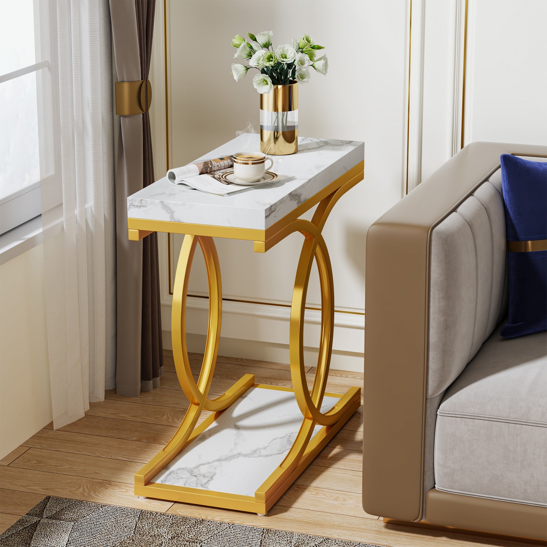 Modern End Table, Faux Marble Side Table Bedside Accent Table