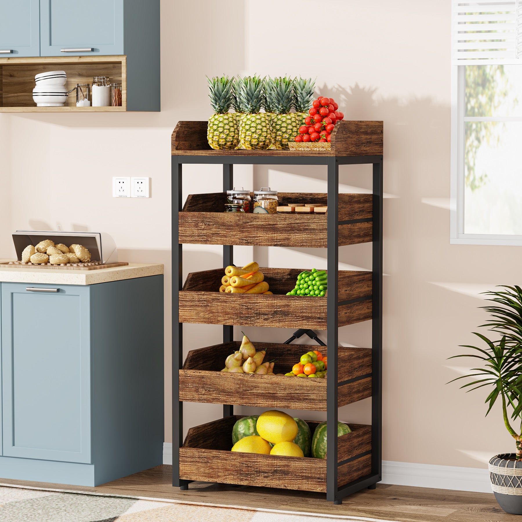 Wood Fruit and Vegetable Storage Rack Basket Stand with 5 Drawers