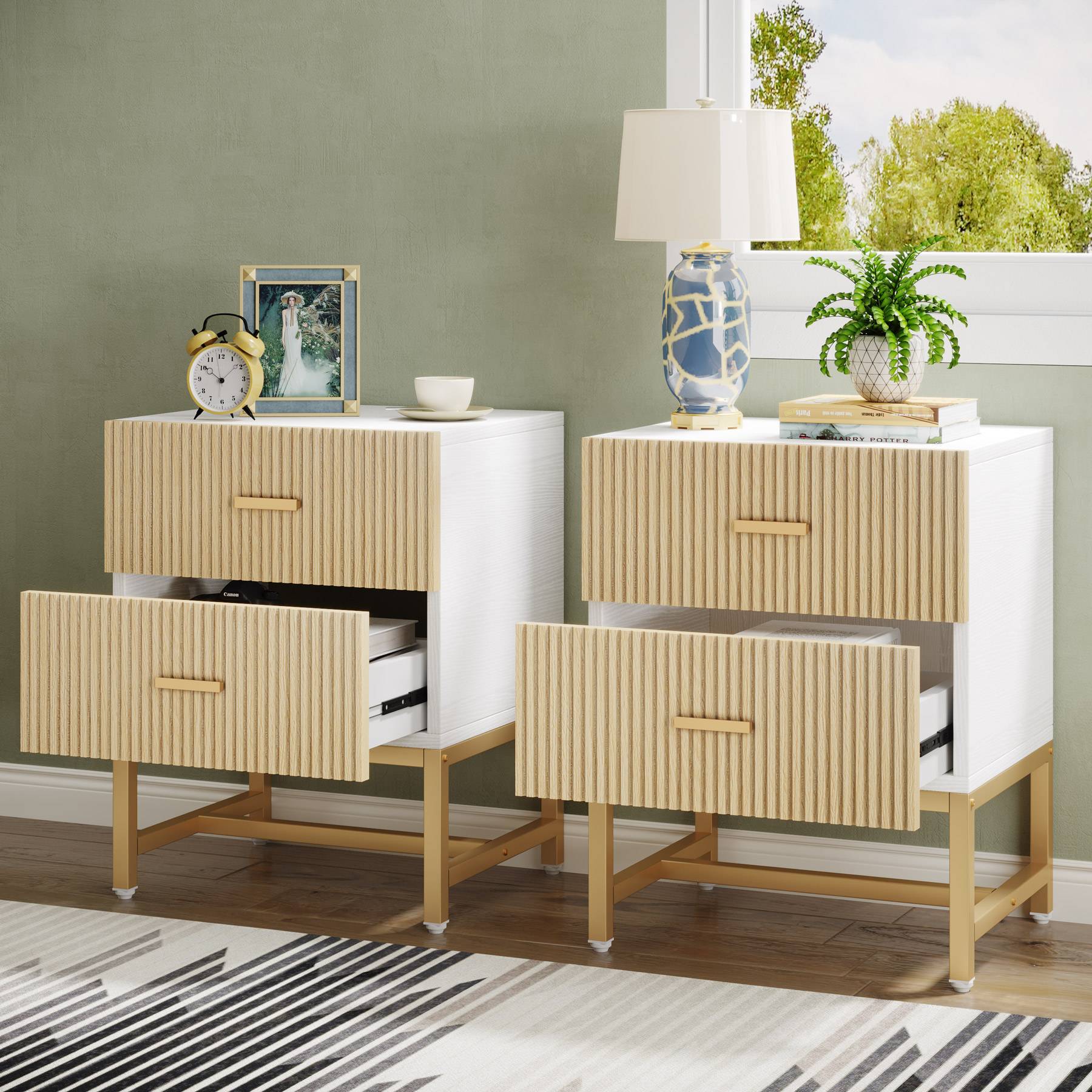 2-Drawer Nightstand, Modern Bedside End Table with Storage