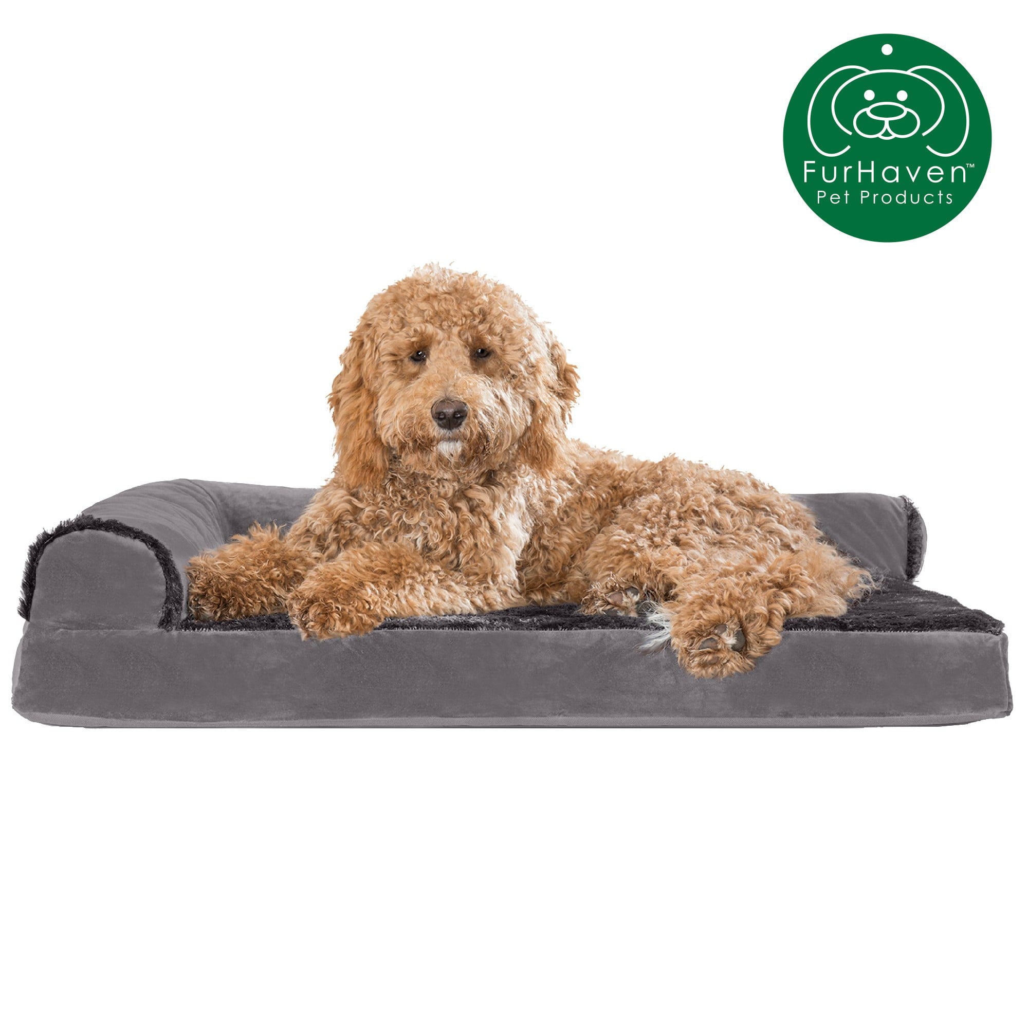 FurHaven Pet Products | Deluxe Orthopedic Plush and Velvet L-Shaped Chaise Couch Pet Bed for Dogs and Cats， Platinum Gray， Large