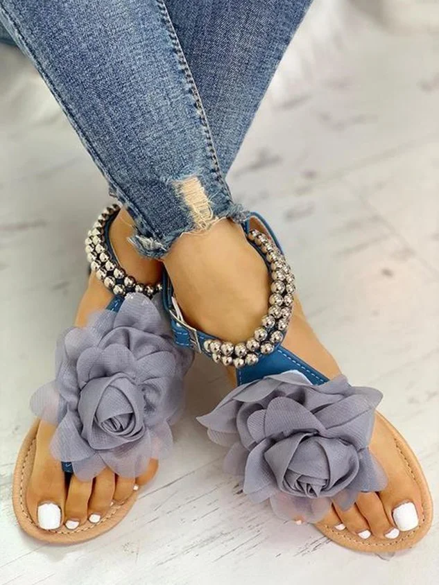 Mesh 3D Floral Beaded Flip Flop Flat Sandals