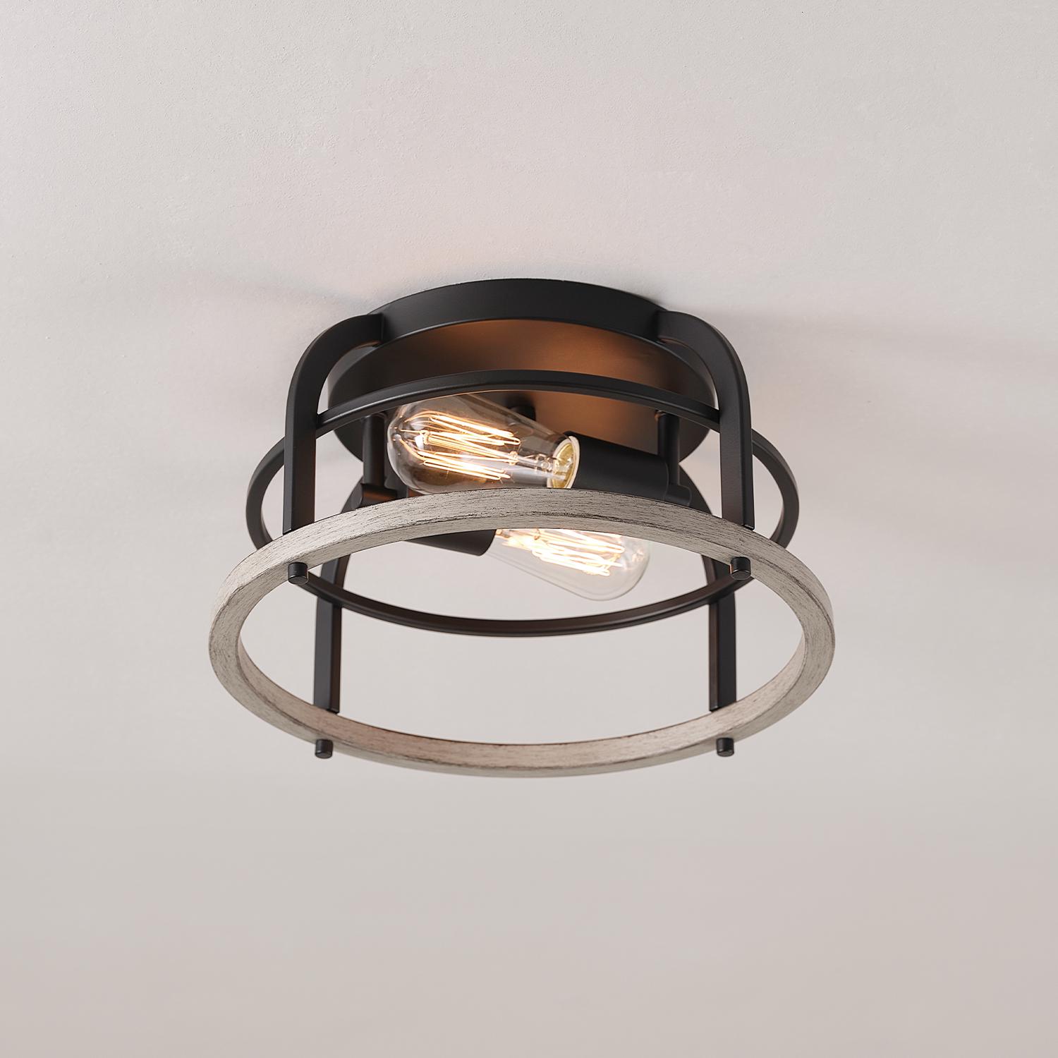 Globe Electric Shilah 2-Light Matte Black Flush Mount Ceiling Light with Faux Wood Accents， 91000919
