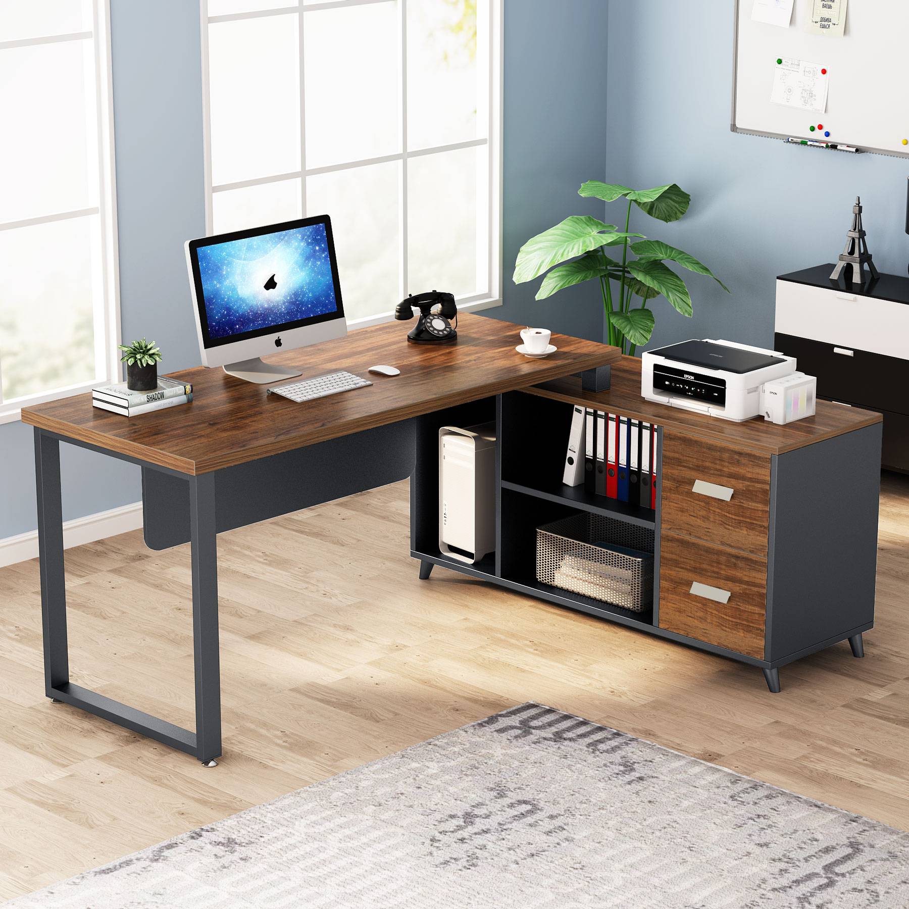 55 Inch L-Shaped Computer Executive Desk with 47 inch File Cabinet