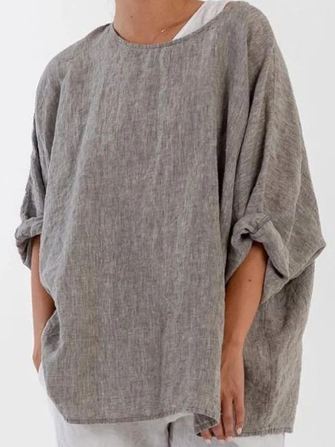 Women's Cotton Linen Casual Round Neck Long Sleeve Loose Shirt