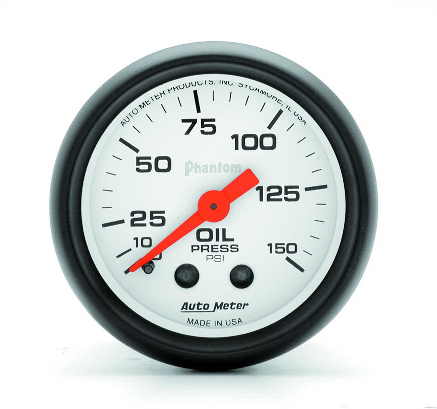 AutoMeter 5723 Phantom Mechanical Oil Pressure Gauge; 2-1/16 in.; White Dial Face; Fluorescent Red Pointer; White Incandescent Lighting; Mechanical; 0-150 PSI;