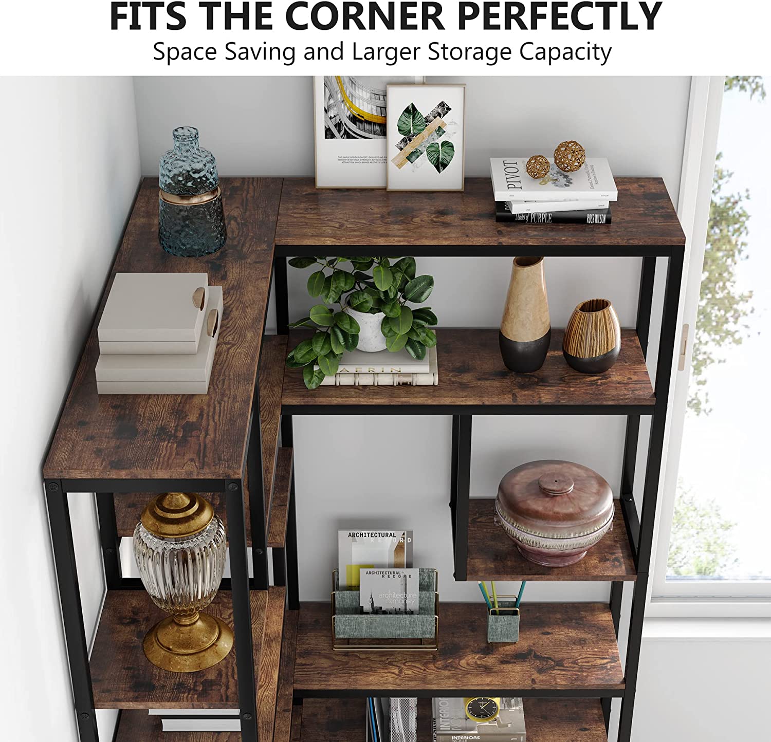 6-Tier Corner Bookshelf Industrial Etagere Corner Bookcase