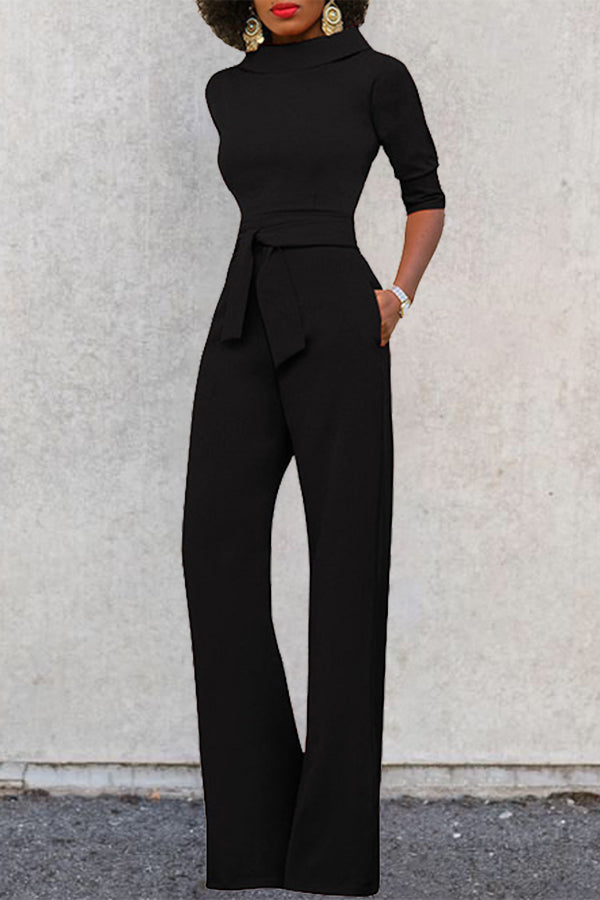 Temperament Solid Color Half Sleeve High Neck Slim Fit Lace-Up Jumpsuits