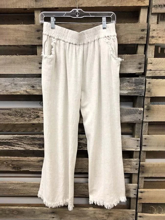Women's cotton and linen fabric fringed cropped casual pants