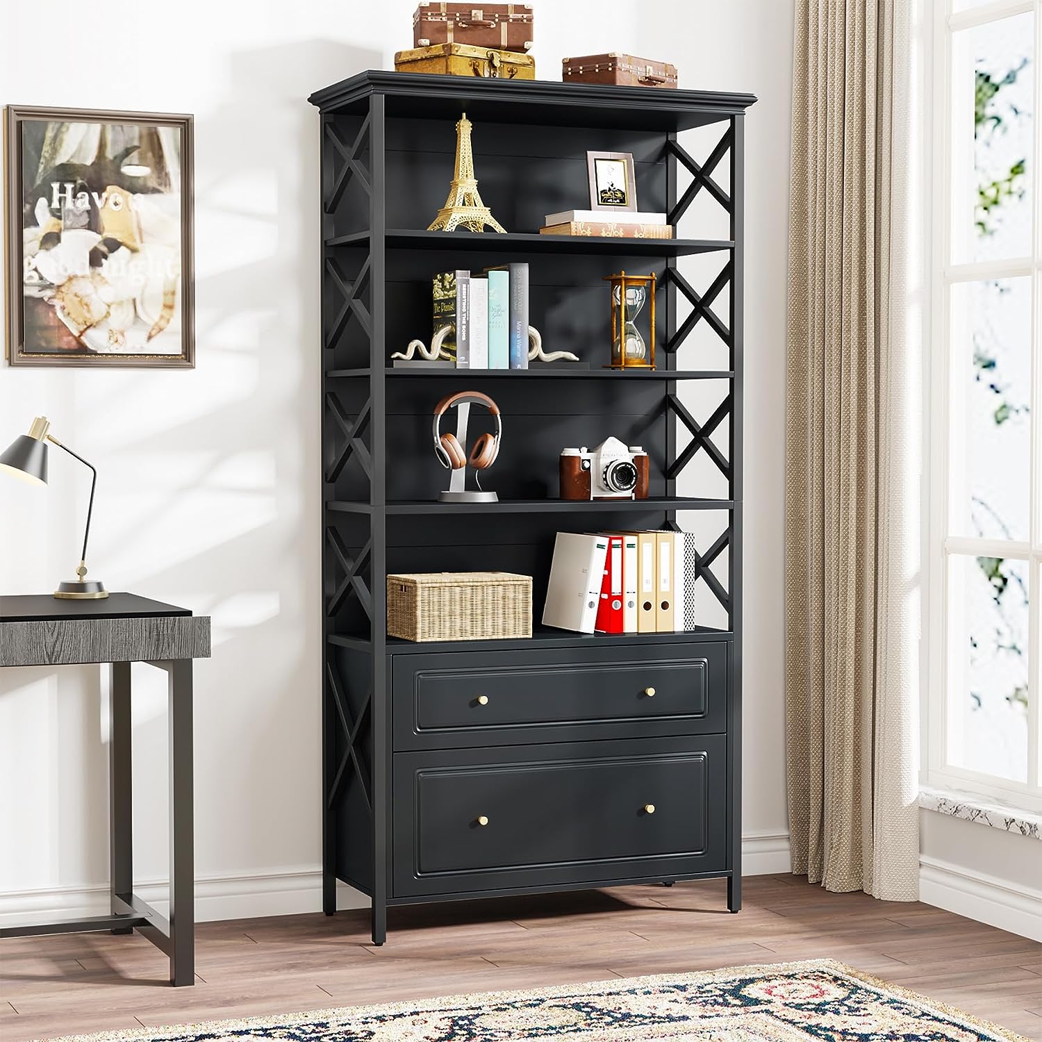 5-Tier Bookshelf, Industrial Bookcase Display Shelf with 2 Drawers