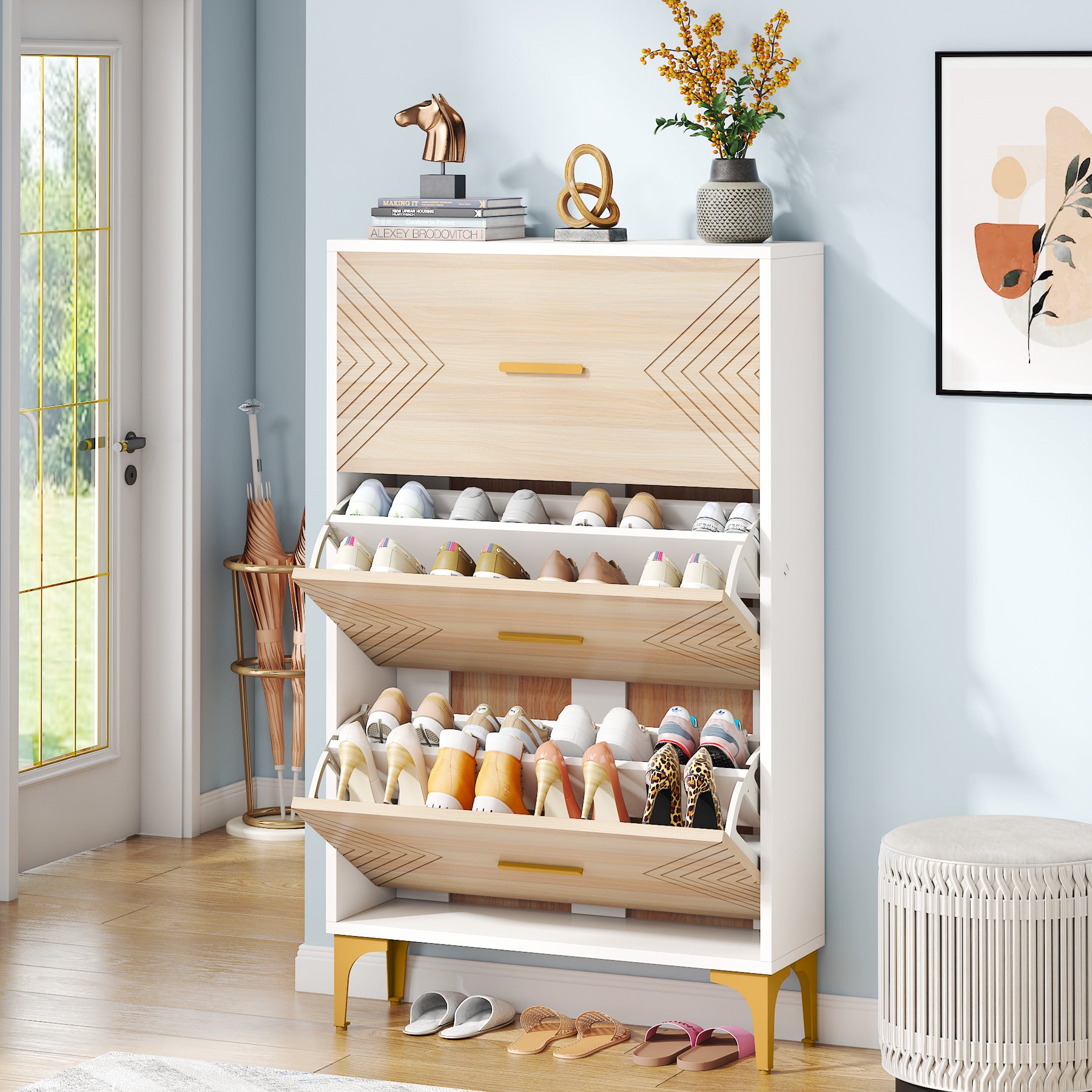 Slim Shoe Cabinet, Hidden Shoe Rack Organizer with 3 Flip Drawers