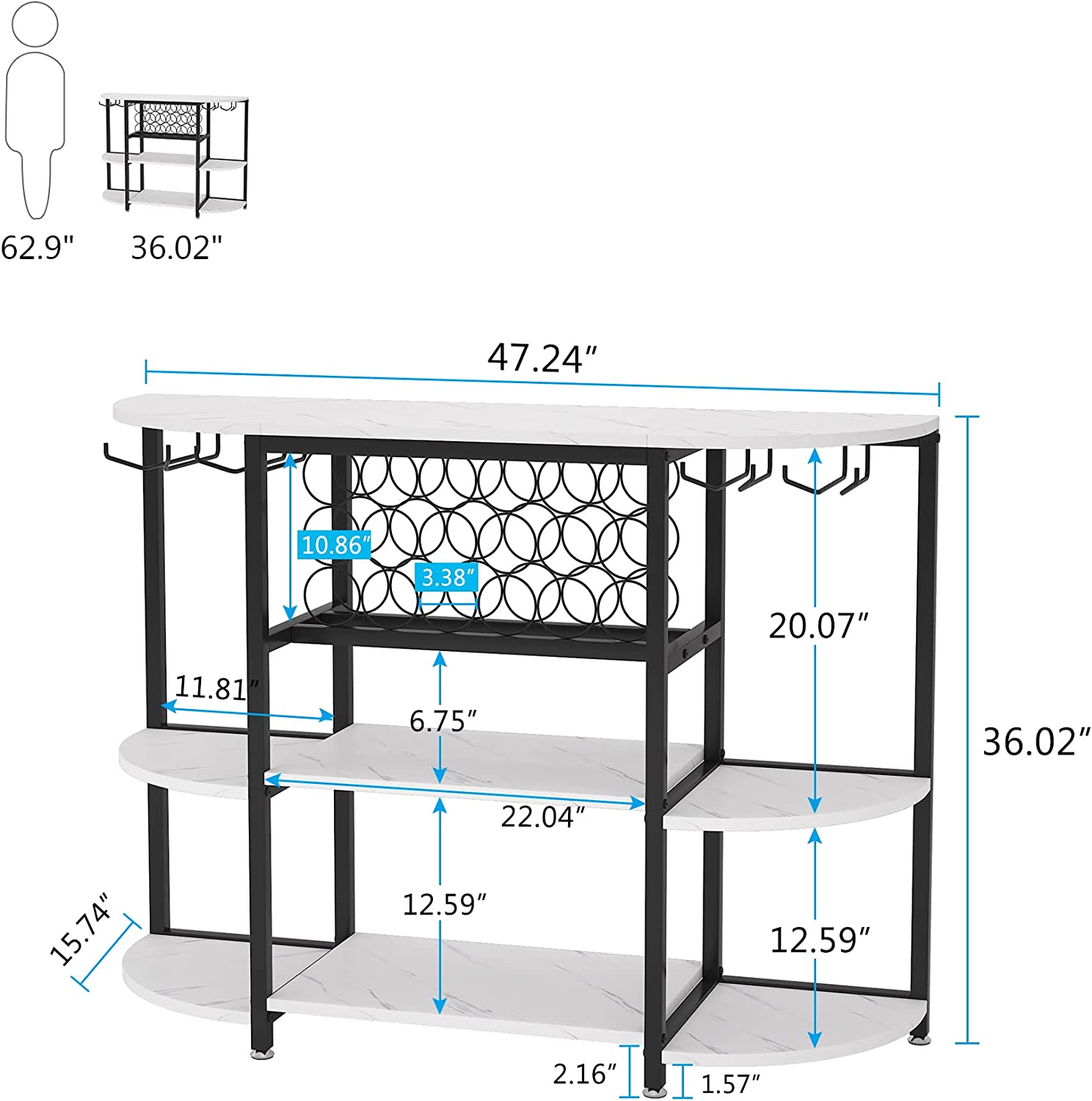 47 Inch Wine Rack, Freestanding Wine Bar Cabinet with Storage Shelves