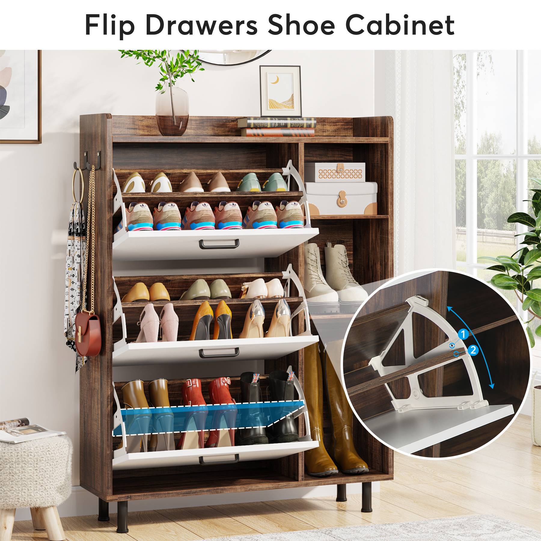 Wooden Shoe Cabinet, Freestanding Shoe Rack with 3 Flip Drawers & 5 shelves