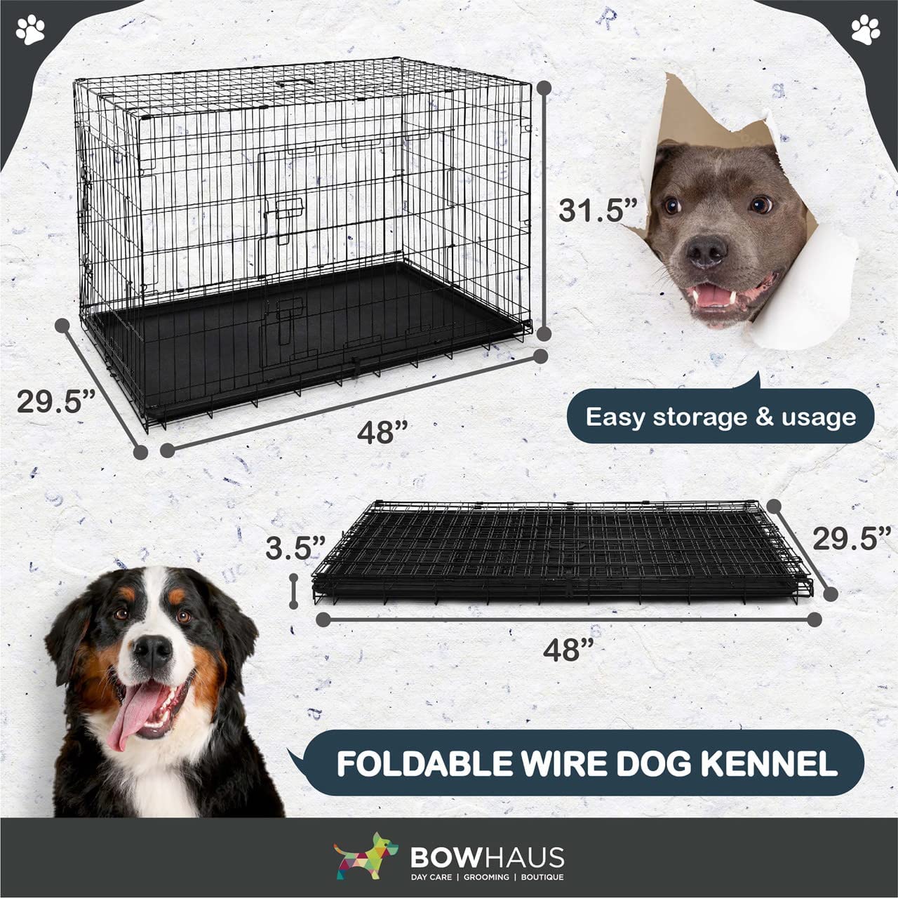BOWHAUS Foldable Dog Crate Wire Metal Dog Kennel w/ Divider Panel， Leak-Proof Pan and Protecting Feet， Single and Double Door， Small， Medium and Large Dog Crate Indoor Wire Dog Cage， 48” w/ Double Doors
