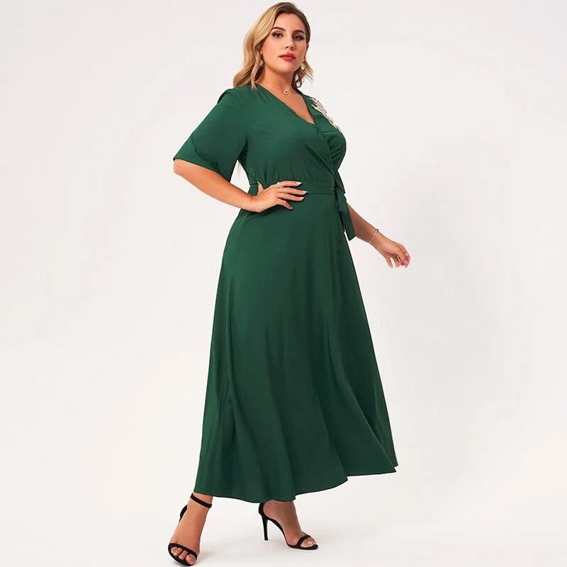 2023 New Summer Maxi Dress Women Plus Size Green Ruffle Half Sleeve Sashes 3D Flower V-neck A-line Vintage Party Long Robes 4XL