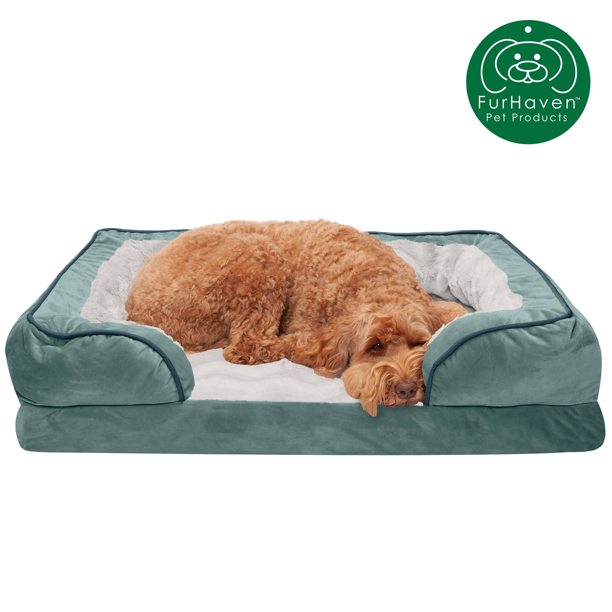 FurHaven Pet Products | Full Support Orthopedic Perfect Comfort Velvet Waves Sofa Pet Bed Dogs and Cats - Celadon Green， Large