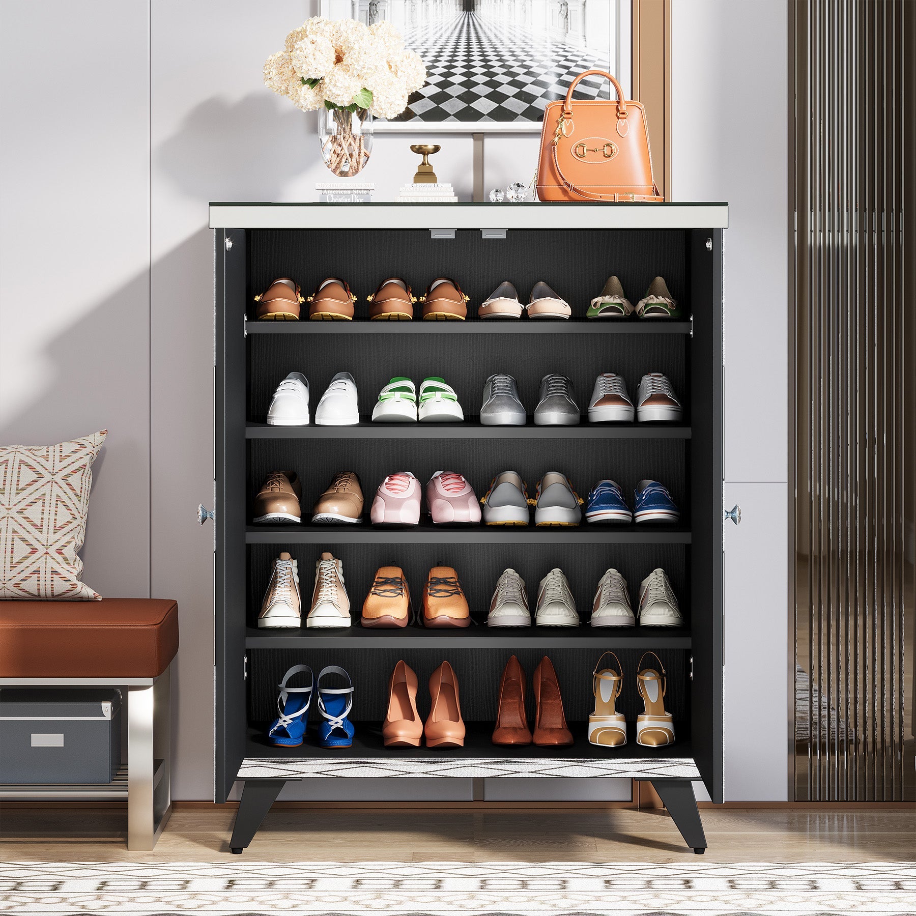 Modern Shoe Cabinet Entryway Shoe Organizer with Mirrored Doors