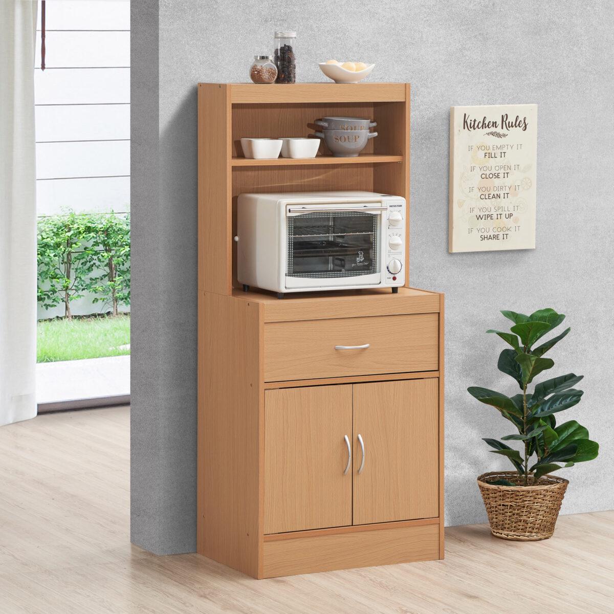 Hodedah 54 Tall Kitchen Cabinet with Open Shelves， 1-Drawer and Bottom Enclosed Storage， Beech