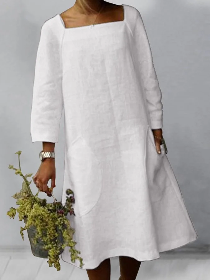 Ladies Cotton Linen Pocket Casual Solid Color Dress