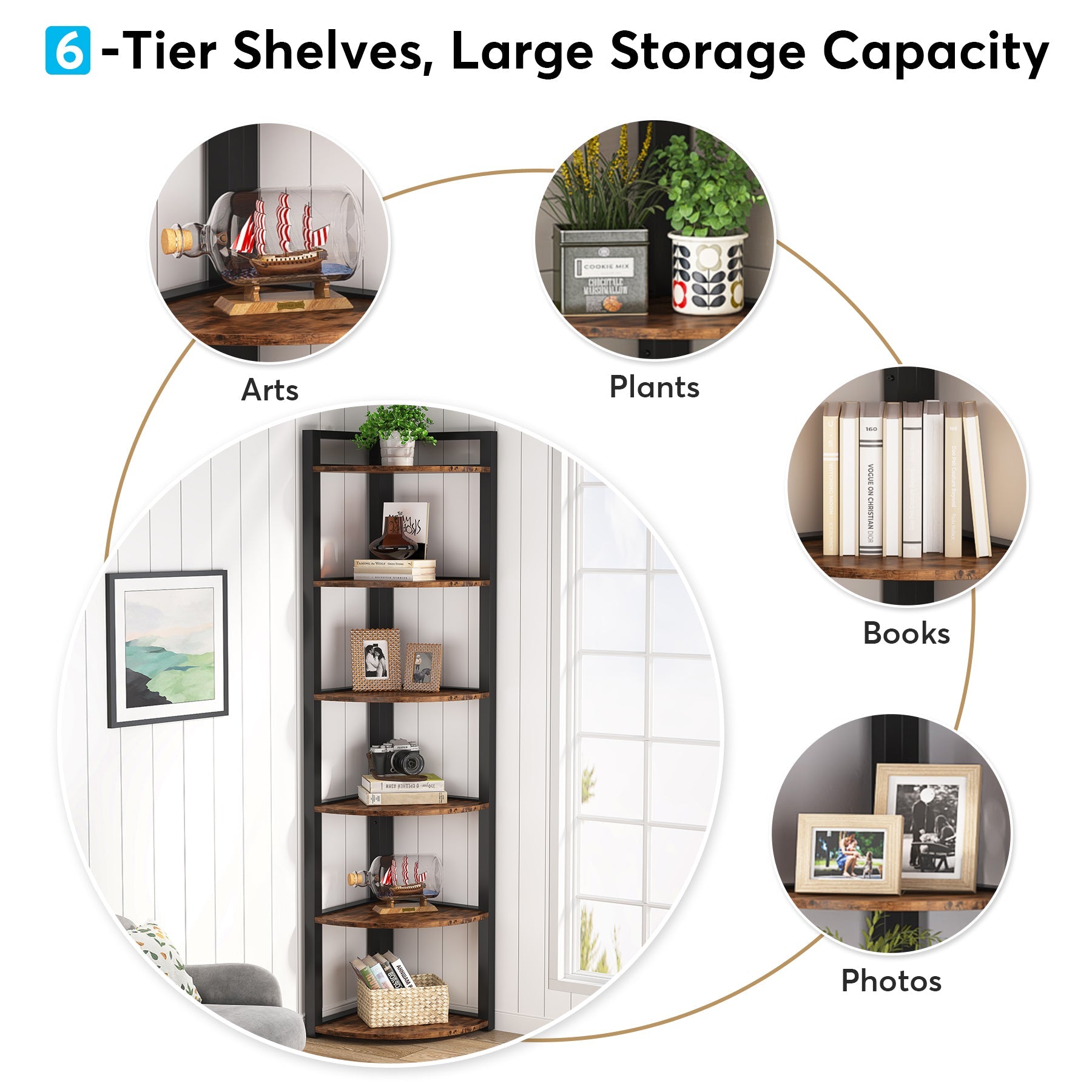 6-Tier Corner Shelf, Small Corner Bookshelf Storage Rack