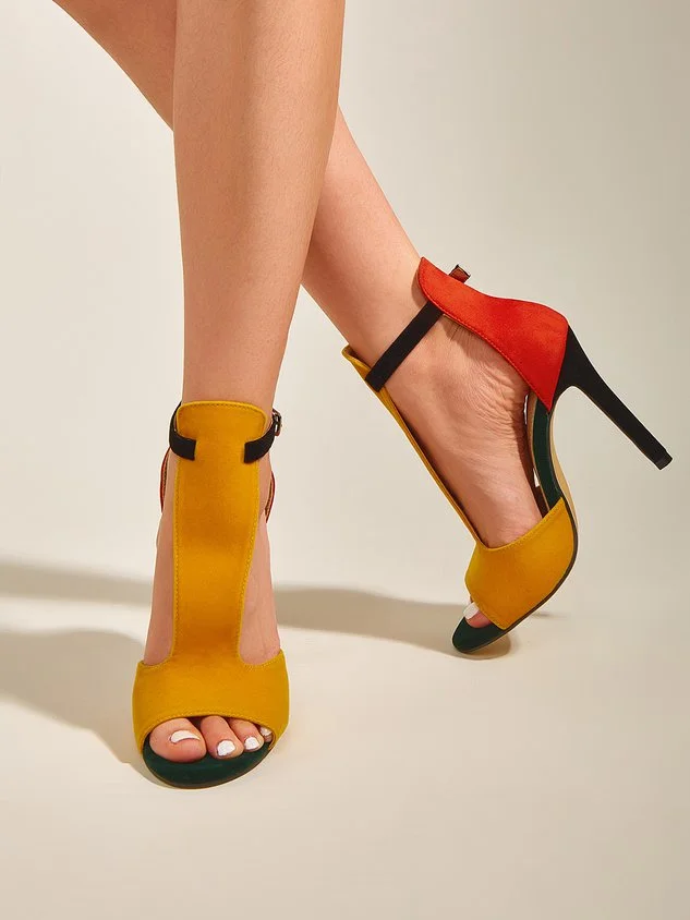 Yellow Red Contrast Stiletto Heel Sandals