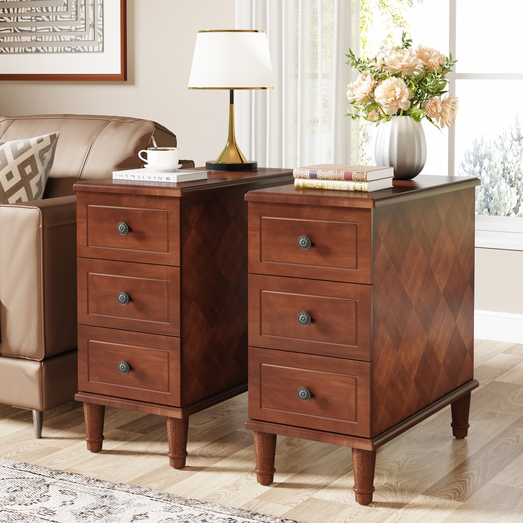 Wood Nightstand, Fully Assembled Narrow Side Table with 3 Drawers