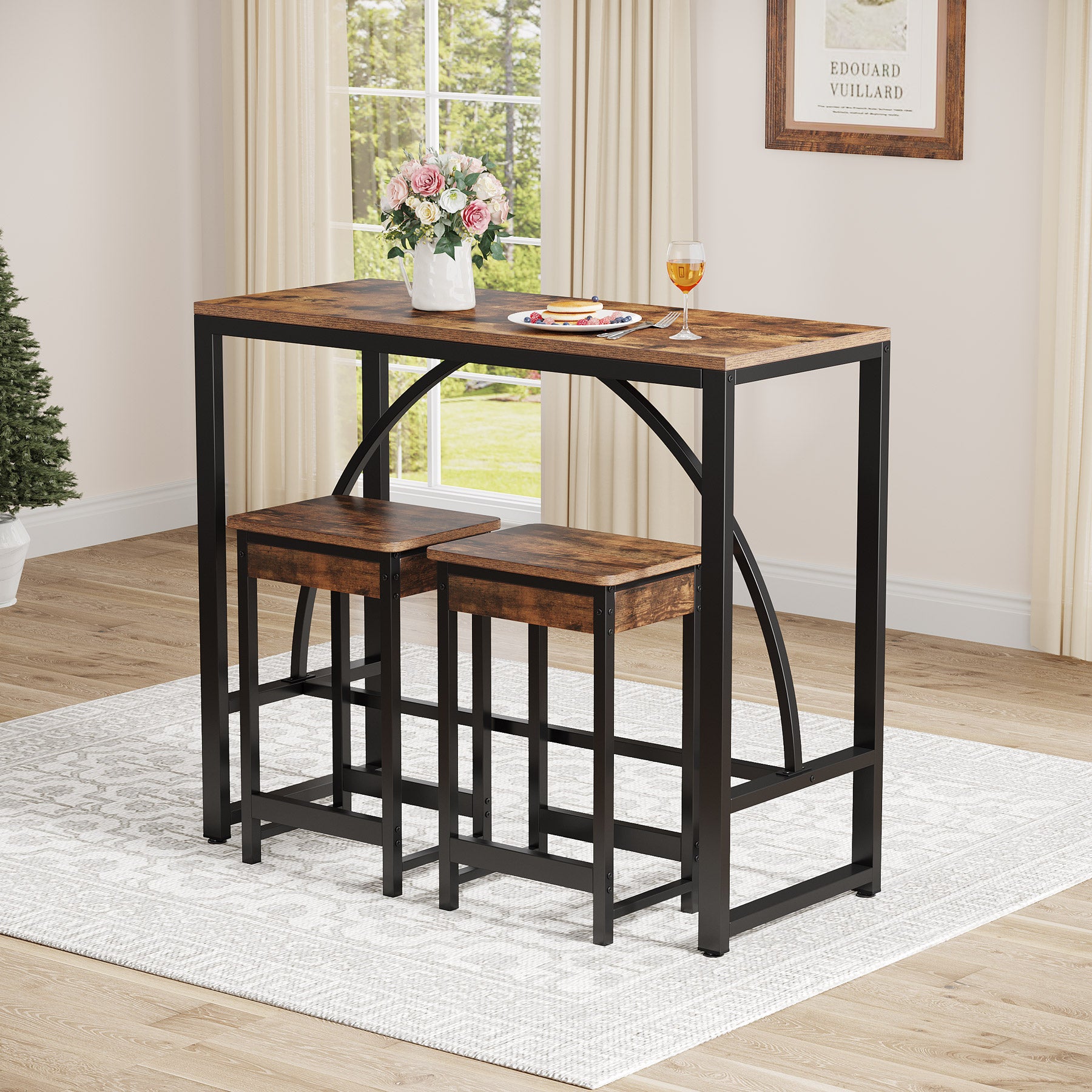 3-Piece Bar Table Set, 43.7-Inch Dining Table with 2 Stools