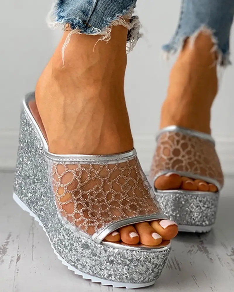 Peep Toe Mesh Glitter Sequins Wedge Shoes