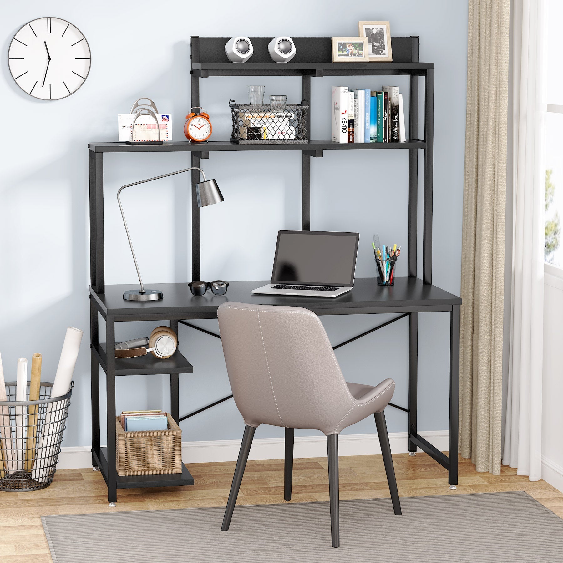 Black Computer Desk, Home Office Desk with Shelves and Hutch