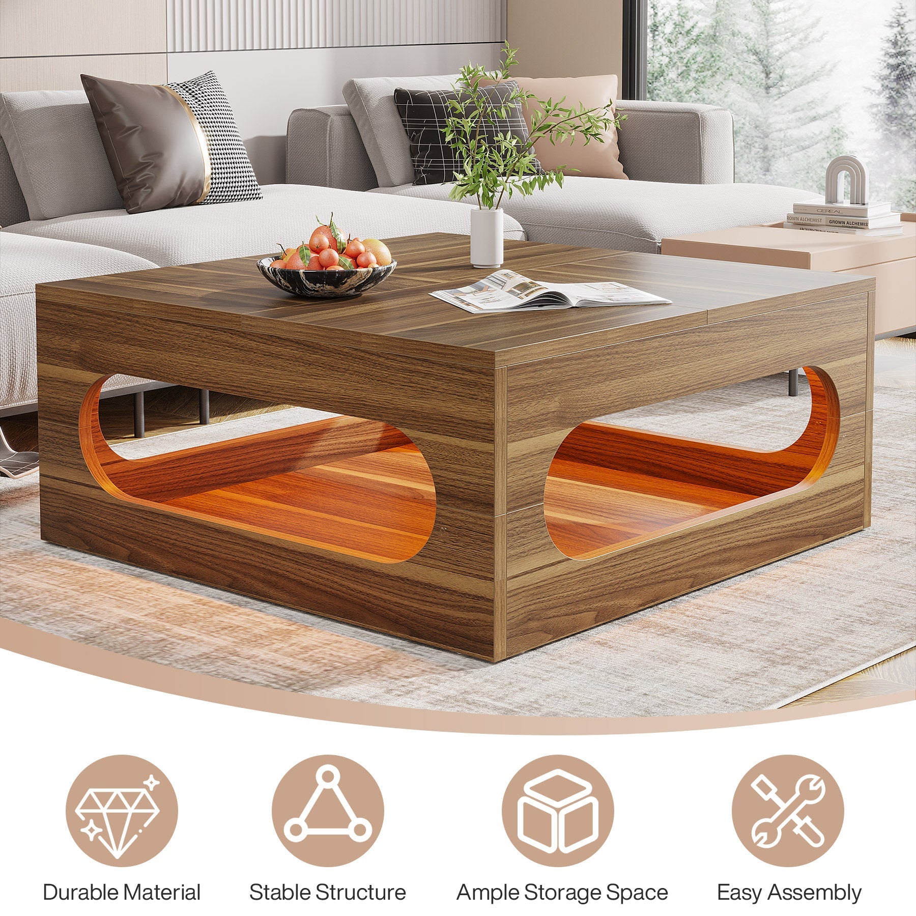 2-Tier Coffee Table, Wood Square Center Tea Table with LED Strip Light