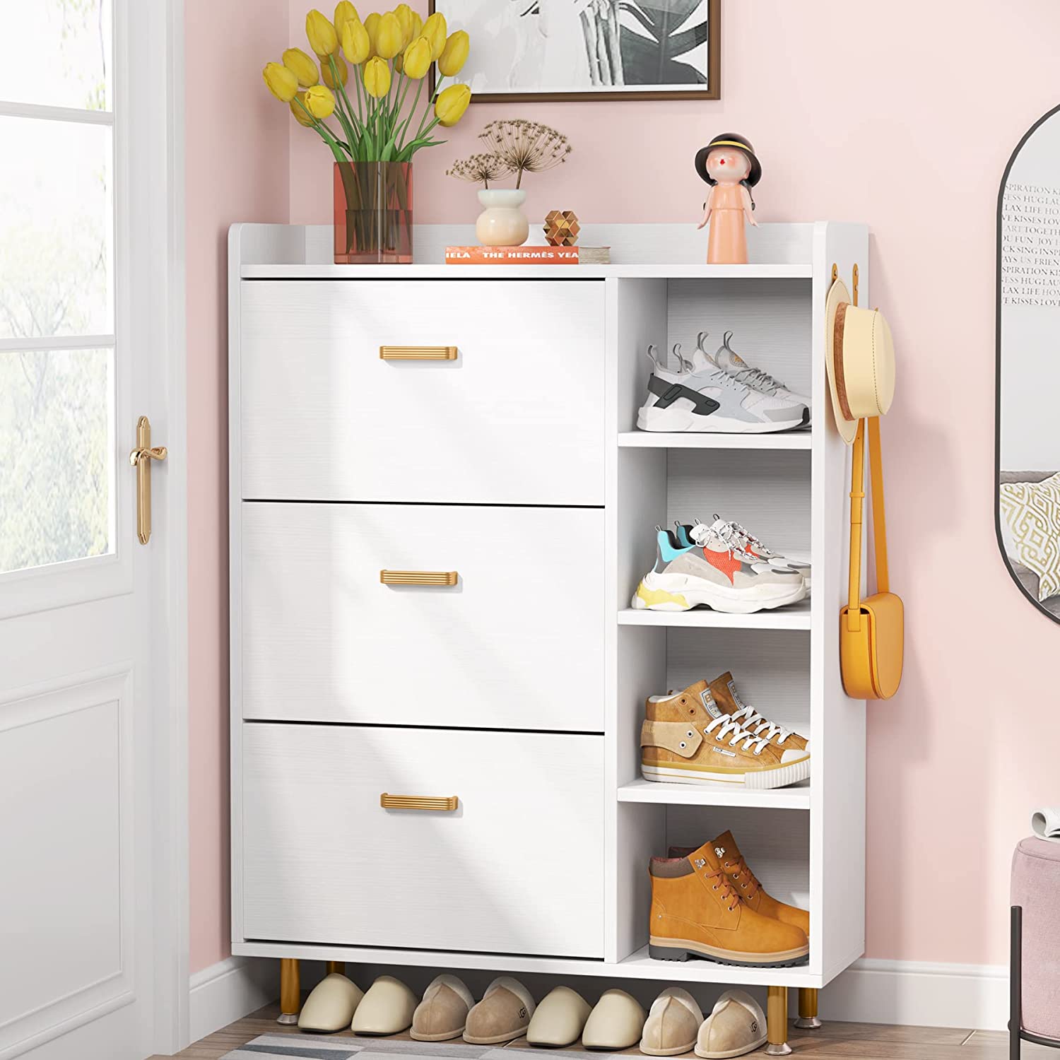 Wooden Shoe Cabinet, Freestanding Shoe Rack with 3 Flip Drawers & 5 shelves