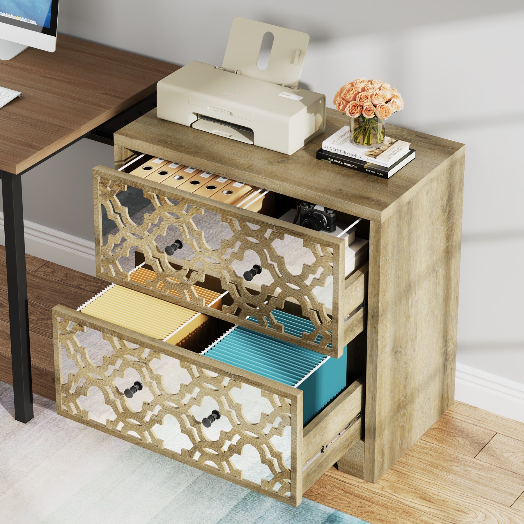 2-Drawer File Cabinet, Wooden Lateral Filing Cabinet with Mirrored Finish