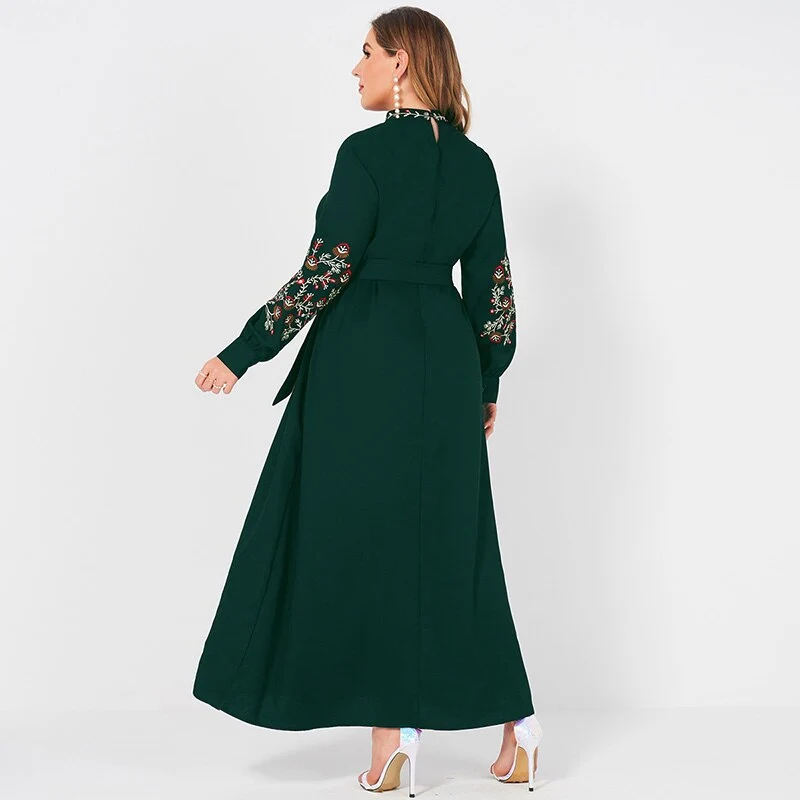2021 New Summer Dress Woman Plus Size Dark Green Resort Stand Collar Floral Embroidery Long Sleeve Loose Sashes Elegant Robes