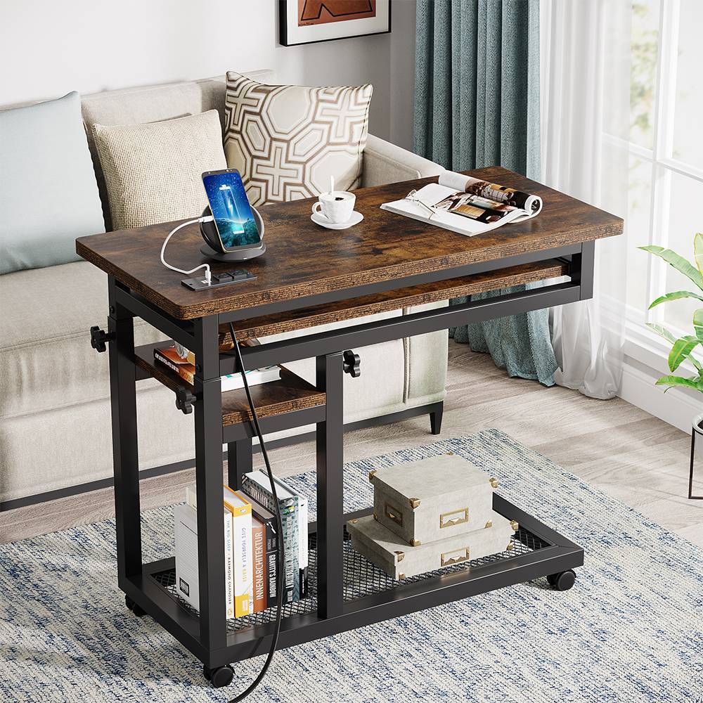 Mobile C Table, Portable Desk Side Table with Power Outlet